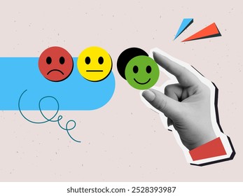 User experience - the hand chooses the smiling emoji. Service rating. Vector illustration in a modern collage style