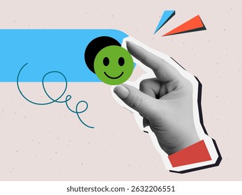 User experience - the hand chooses the smiling green emoji. Service rating. Vector illustration in a modern collage style