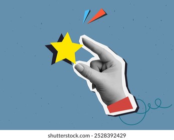 User experience - the hand puts the star. Service rating. Vector illustration in a modern collage style