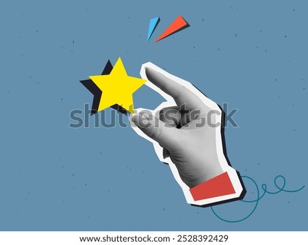 User experience - the hand puts the star. Service rating. Vector illustration in a modern collage style