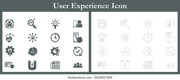User Experience icon set. Data Analysis, User Network, Customer Feedback, User Group, Creative Idea, Interaction Flow, News or Updates, Time Tracking, User Interface, editable icons, vector EPS.