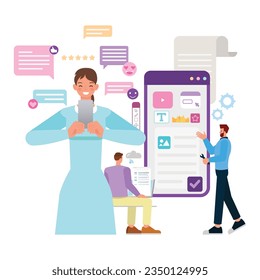 User experience illustration concept. Office man working on laptop to create website. Business people character vector design. 