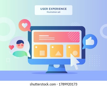 User experience illustration set wireframe ui on computer screen background of feedback like heart with flat style