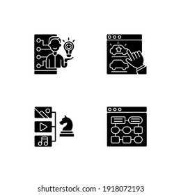 User experience improvement black glyph icons set on white space. Emotional design. Information architecture. SEO research. Website management. Silhouette symbols. Vector isolated illustration