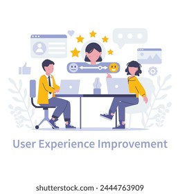 User Experience Improvement concept. Focused team analyzing customer satisfaction metrics for enhanced digital services. Strengthening online user engagement. Vector illustration.