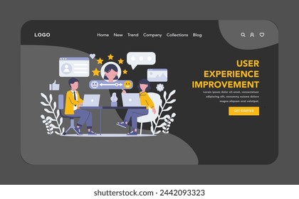 User Experience Improvement night or dark mode web or landing page. Focused team analyzing customer satisfaction metrics for enhanced digital services. Strengthening online user engagement.