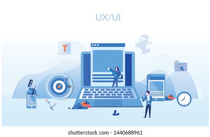 User experience User interface Concept for web page, banner, presentation, social media. Vector illustration. UX / UI design concept with character,Development Design Usability Improve.