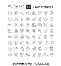 User experience and interface design principles linear big icons set. Web usability. Customizable thin line symbols. Isolated vector outline illustrations. Editable stroke. Quicksand-Light font used