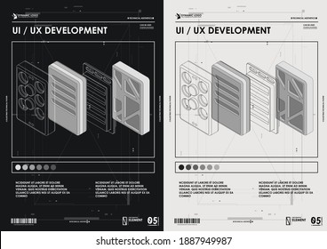 User experience, user interface in e-commerce. Web design and mobile template. design and development, testing, SEO, social marketing, to publishing and launch. Concept of Hud poster with UI elements.