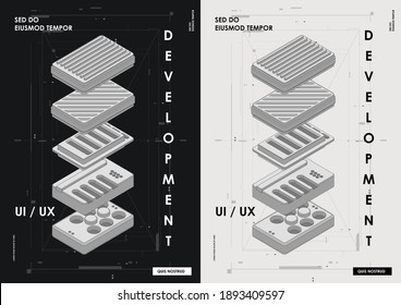 User experience, user interface in e-commerce. Web design and mobile template. design and development, testing, SEO, social marketing, to publishing and launch. Concept of Hud poster with UI elements.