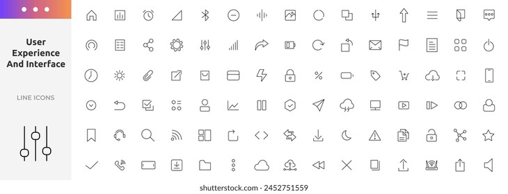 Experiencia de usuario y conjunto de iconos de interfaz. Iconos planos de interfaz de usuario colección.Básica Interfaz de usuario Conjunto esencial. Paquete de iconos de esquema para App, Web, Imprimir. Píxel perfecto 64 x 64