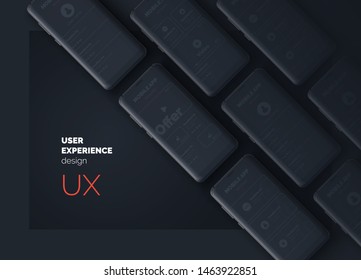 User experience. User interface. Mobile phone on a black background with interface pages. UI UX template for mobile application. Vector illustration. 3d