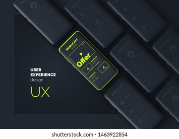 User experience. User interface. Mobile phone on a black background with interface pages. UI UX template for mobile application. Vector illustration. 3d