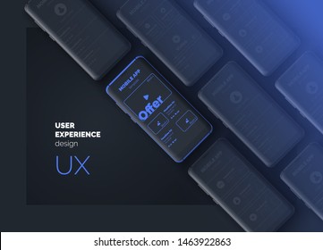 User experience. User interface. Mobile phone on a black background with interface pages. UI UX template for mobile application. Vector illustration. 3d