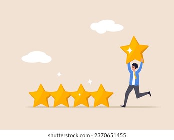  User experience. Investment rating concept. Customer feedback stars rating or business, businessman holding golden yellow star to added to 5 stars rating.