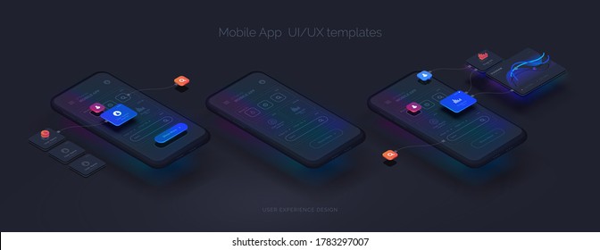 User experience kit. Smartphone mockup on black background with interactive user interface. The process of creating a mobile application. Website wireframe for mobile apps with active layers and links