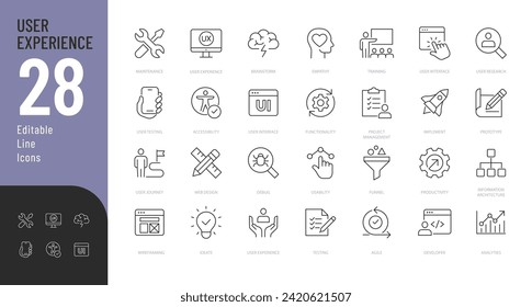 
User Experience Line Editable Icons set. Vector illustration in modern thin line style of interface related icons: development, design, testing, and more. Isolated on white
