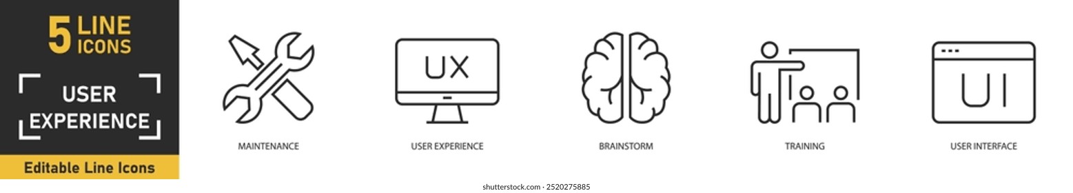 Conjunto de ícones de experiência do usuário. Conjunto de 5 ícones de tópicos relacionados à manutenção, experiência do usuário, brainstorm, treinamento, interface do usuário e muito mais. Ilustração vetorial.