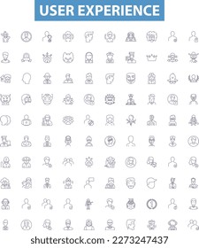 Iconos de línea de experiencia de usuario, signos establecidos. Usabilidad, Compromiso, Diseño, Interacción, Contenido, Navegación, Flujo, Accesibilidad, Ilustraciones de vector de contorno de conveniencia.