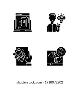 User experience management black glyph icons set on white space. Storytelling for online blog. Website accessibility. Internet content. Silhouette symbols. Vector isolated illustration