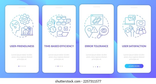 User experience metrics blue gradient onboarding mobile app screen. Usability walkthrough 4 steps graphic instructions with linear concepts. UI, UX, GUI template. Myriad Pro-Bold, Regular fonts used