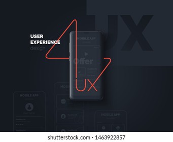 User experience. Mobile phone with page layout for mobile application. Development of an interface for a mobile application. UI UX template. Vector illustration. 3d