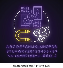 User experience neon light concept icon. UX. Software development. Information technology idea. Glowing sign with alphabet, numbers and symbols. Vector isolated illustration