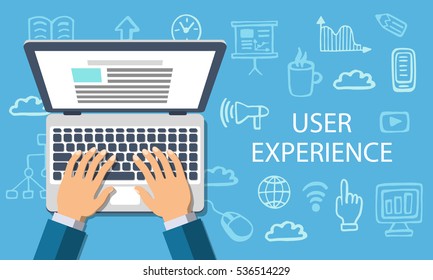 User Experience. Online shopping, purchasing, service optimizing concept. Flat style web banner with doodle icons in background, top view. Vector illustration.