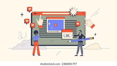 User experience optimization or UX for website retro tiny person concept. Layout programming and coding for fast and effective online system vector illustration. Find tech solution for e-commerce.