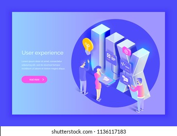 User experience. People interact with parts of the interface. Create a user experience. Modern vector illustration isometric style.