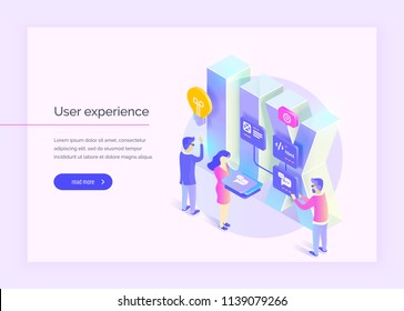 User experience. People interact with parts of the interface. Create a user experience. Modern vector illustration isometric style.