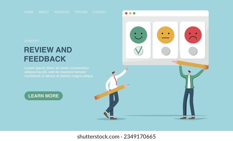 User experience, positive feedback about product quality or service, high rating from customers, positive emotions, people with pencils give highest rating. Vector illustration for website or banner.
