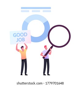 Experiencia del usuario, Evaluación de rankings y Concepto de clasificación. Pequeños personajes de negocios con un enorme cristal de aumento dan una reseña y comentarios por los buenos servicios de trabajo en Internet. Ilustración del vector de dibujos animados