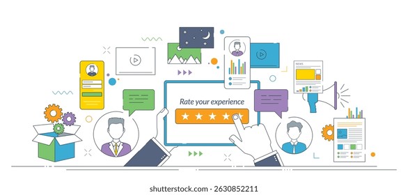User experience rating feedback, Illustration of a user rating interface with stars, reviews, speech bubbles, login screen, profile icons and communication elements. Thin line icons design.
