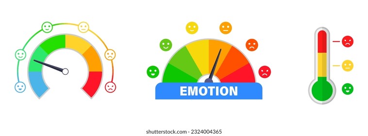 Experiencia del usuario y medidor de nivel de satisfacción - colección vectorial. Sentido, emoción y escala de estrés.