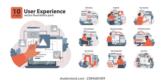 Configuración de experiencia de usuario. Explorar las características del sitio web, recopilación de comentarios, ajustes de interfaz. Personalización de contenido, adaptabilidad móvil, rutas de usuario. Análisis de datos estructurales. ilustración vectorial