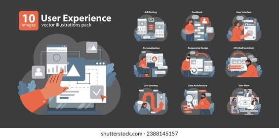User Experience set. Exploring website features, feedback collection, interface adjustments. Personalizing content, mobile adaptability, user pathways. Analyzing structural data. vector illustration
