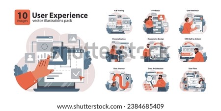 User Experience set. Exploring website features, feedback collection, interface adjustments. Personalizing content, mobile adaptability, user pathways. Analyzing structural data. vector illustration