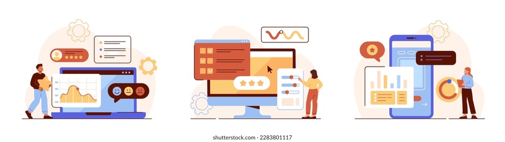 User experience set. Man and women developing interface for programs and applications. Feedback and reviews, rating and ranking. Cartoon flat vector illustrations isolated on white background