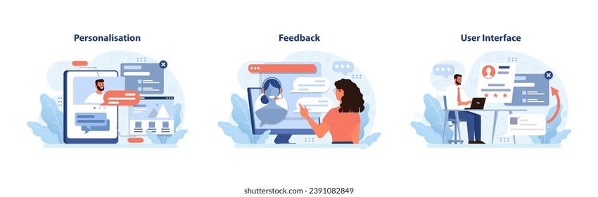 Configuración de experiencia de usuario. Personalización con contenido personalizado, mujeres que reciben comentarios en línea, hombre navegando por la interfaz de usuario. Interacción, optimización, eficiencia. Ilustración vectorial plana