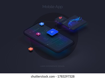 User experience. Smartphone mockup on black background with interactive user interface. The process of creating a mobile application. Website wireframe for mobile apps with active layers and links