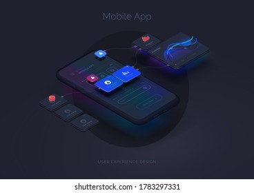 User experience. Smartphone mockup on black background with interactive user interface. The process of creating a mobile application. Website wireframe for mobile apps with active layers and links