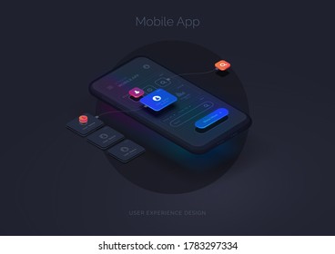 User experience. Smartphone mockup on black background with interactive user interface. The process of creating a mobile application. Website wireframe for mobile apps with active layers and links