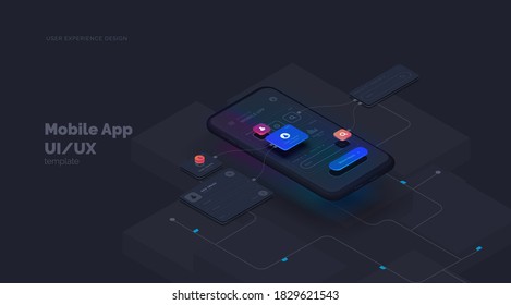 User experience. Smartphone mockup on black background with interactive user interface. The process of creating a mobile application. Website wireframe for mobile apps with active layers and links