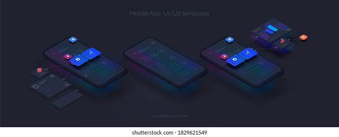 User experience. Smartphone mockup on black background with interactive user interface. The process of creating a mobile application. Website wireframe for mobile apps with active layers and links