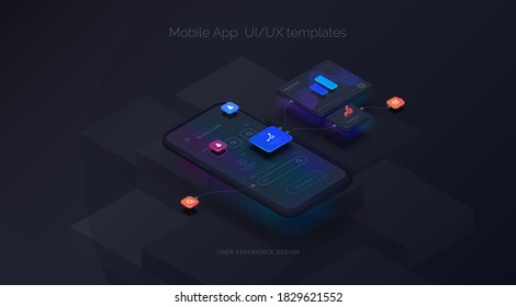 User experience. Smartphone mockup on black background with interactive user interface. The process of creating a mobile application. Website wireframe for mobile apps with active layers and links