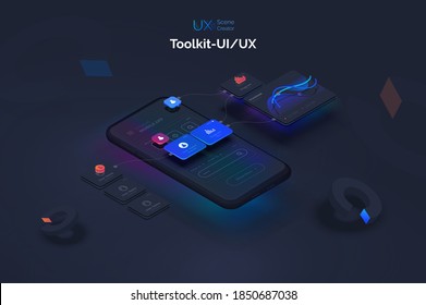 User experience. Smartphone mockup on black background with interactive user interface. The process of creating a mobile application. Website wireframe for mobile apps with active layers and links