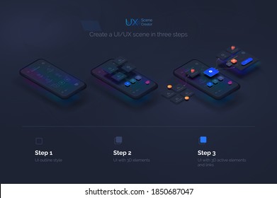 User experience. Smartphone mockup on black background with interactive user interface. The process of creating a mobile application. Website wireframe for mobile apps with active layers and links