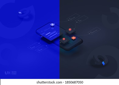 User experience. Smartphone mockup on black background with interactive user interface. The process of creating a mobile application. Website wireframe for mobile apps with active layers and links