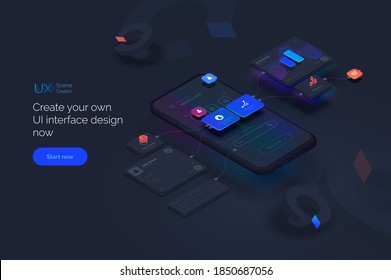 User experience. Smartphone mockup on black background with interactive user interface. The process of creating a mobile application. Website wireframe for mobile apps with active layers and links